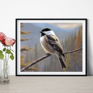 8x10 Chickadee Black‎ White Bird Watercolor Oil Painting Print